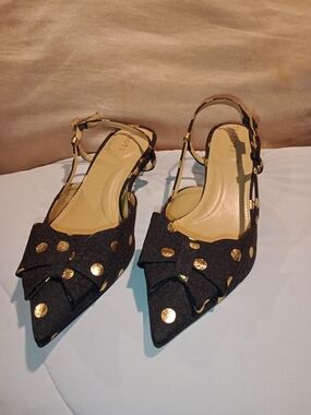 Talbots Black Pointed Slingback Flats with Gold Polka Dots
